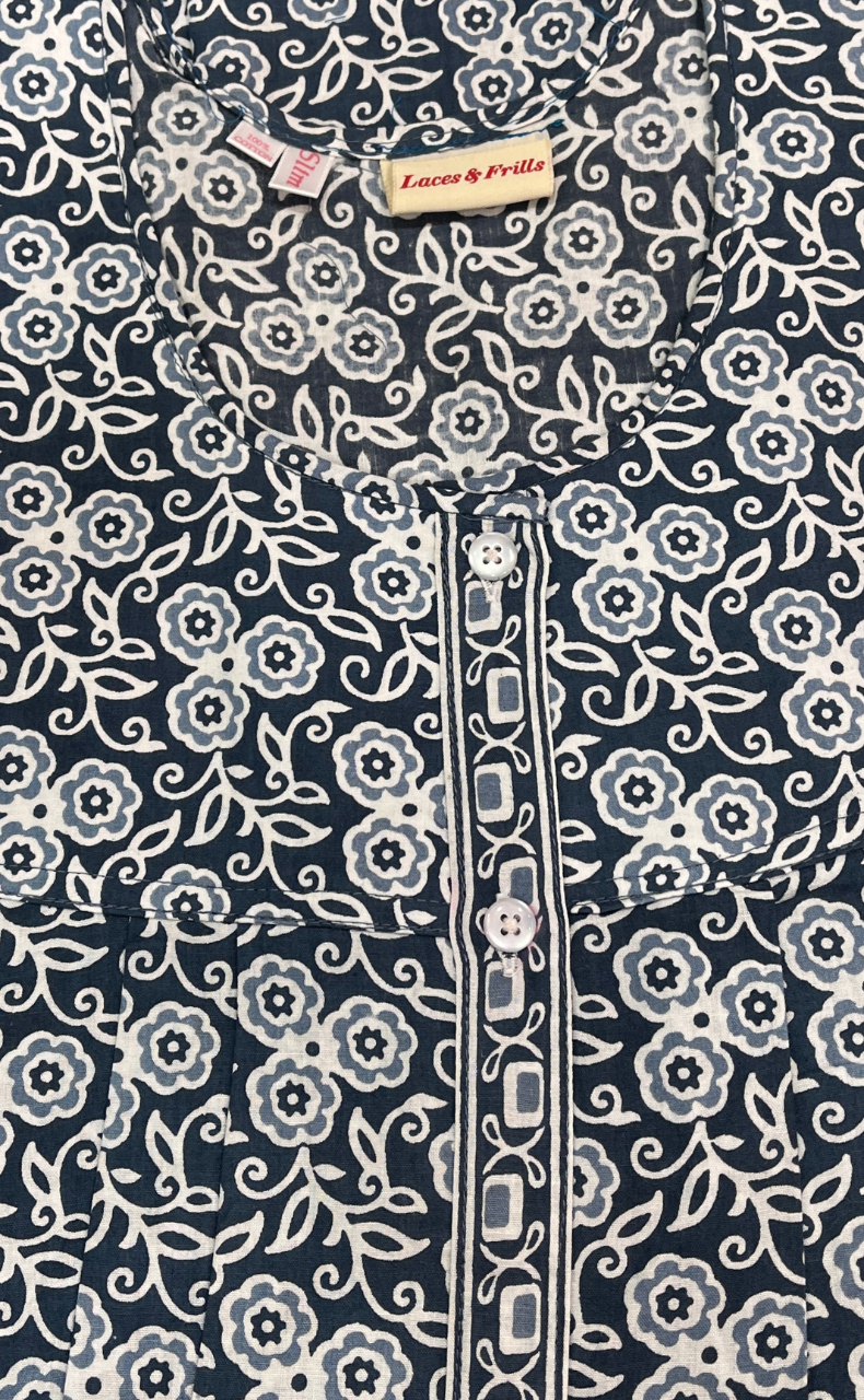 Grey Floral Full Open Pure Cotton Nighty. Pure Cotton | Laces and Frills