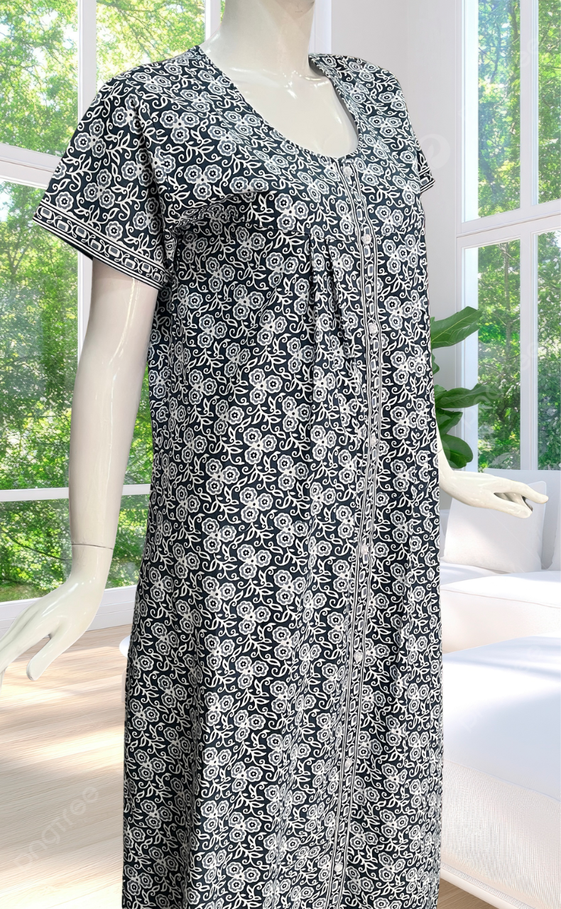 Grey Floral Full Open Pure Cotton Nighty. Pure Cotton | Laces and Frills