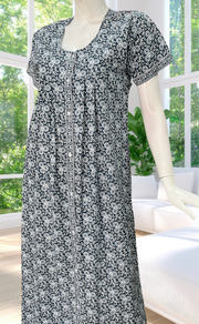 Grey Floral Full Open Pure Cotton Nighty. Pure Cotton | Laces and Frills