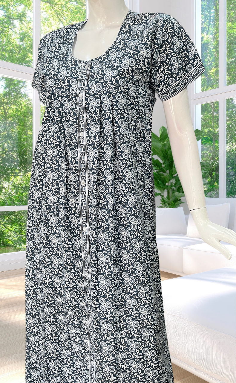 Grey Floral Full Open Pure Cotton Nighty. Pure Cotton | Laces and Frills