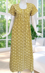 Lime Yellow Floral Full Open Pure Cotton Nighty. Pure Cotton | Laces and Frills