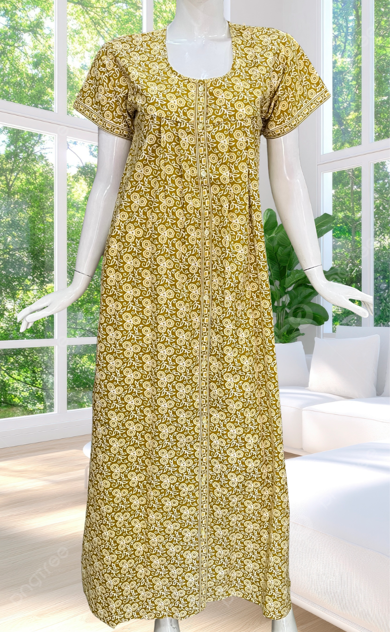 Lime Yellow Floral Full Open Pure Cotton Nighty. Pure Cotton | Laces and Frills
