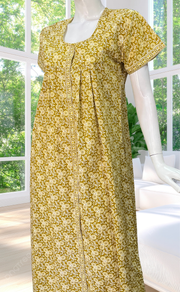 Lime Yellow Floral Full Open Pure Cotton Nighty. Pure Cotton | Laces and Frills