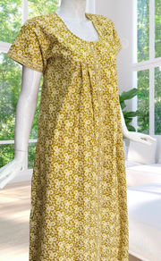 Lime Yellow Floral Full Open Pure Cotton Nighty. Pure Cotton | Laces and Frills