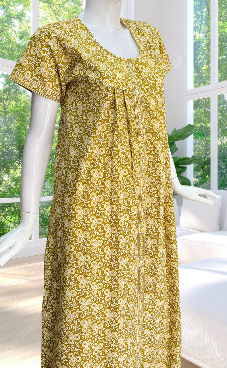 Lime Yellow Floral Full Open Pure Cotton Nighty. Pure Cotton | Laces and Frills
