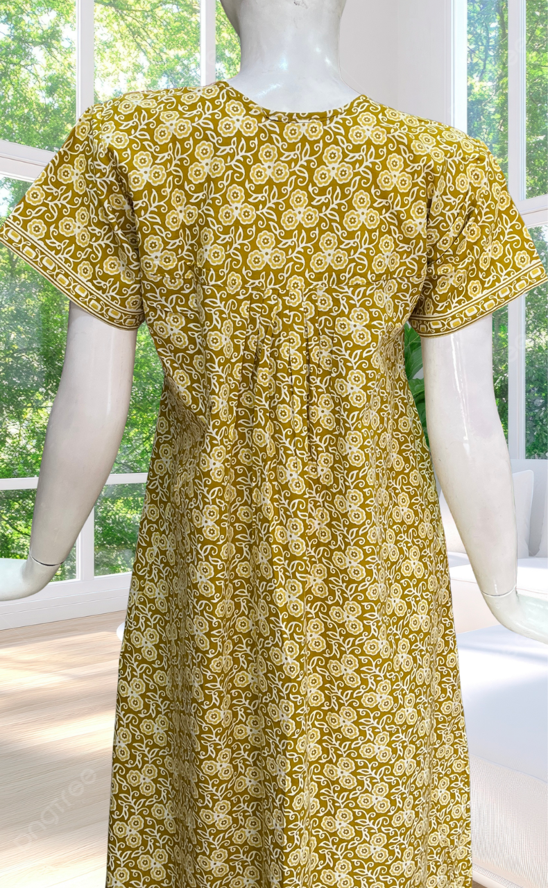 Lime Yellow Floral Full Open Pure Cotton Nighty. Pure Cotton | Laces and Frills