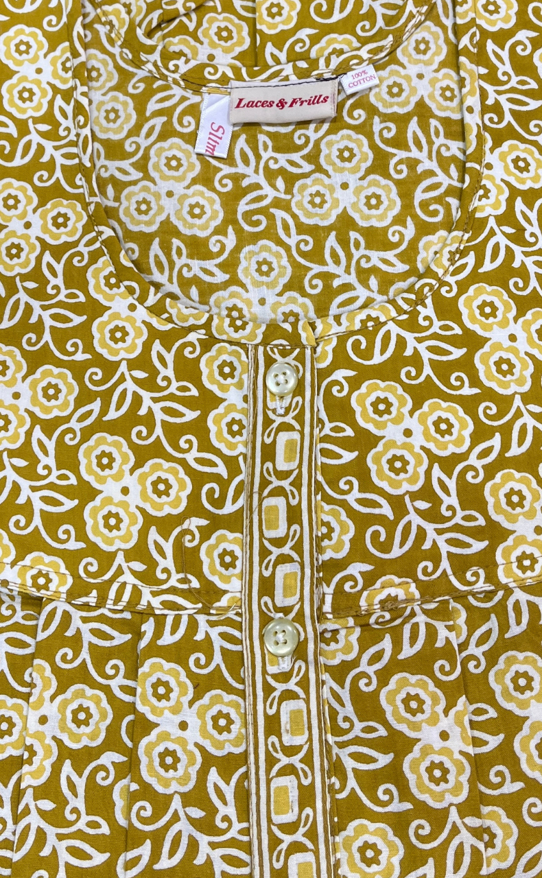 Lime Yellow Floral Full Open Pure Cotton Nighty. Pure Cotton | Laces and Frills