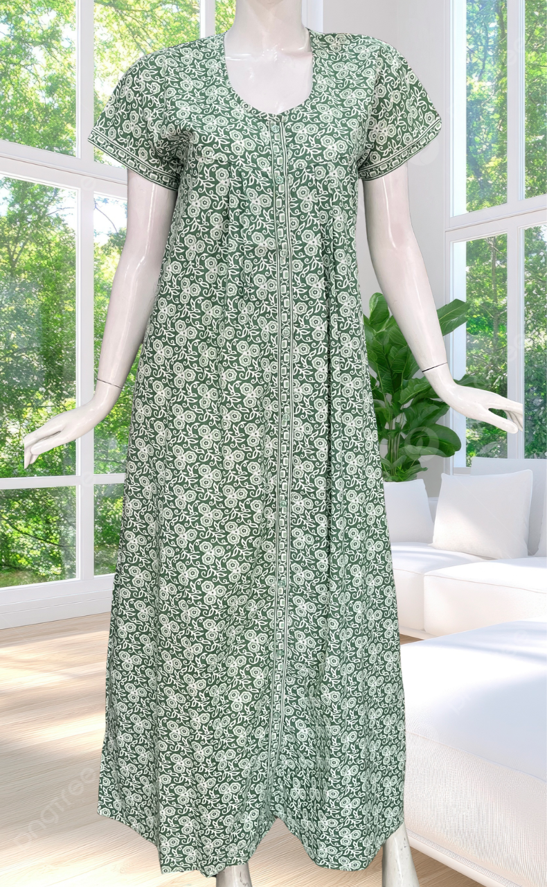 Pista Green Floral Full Open Pure Cotton Nighty. Pure Cotton | Laces and Frills