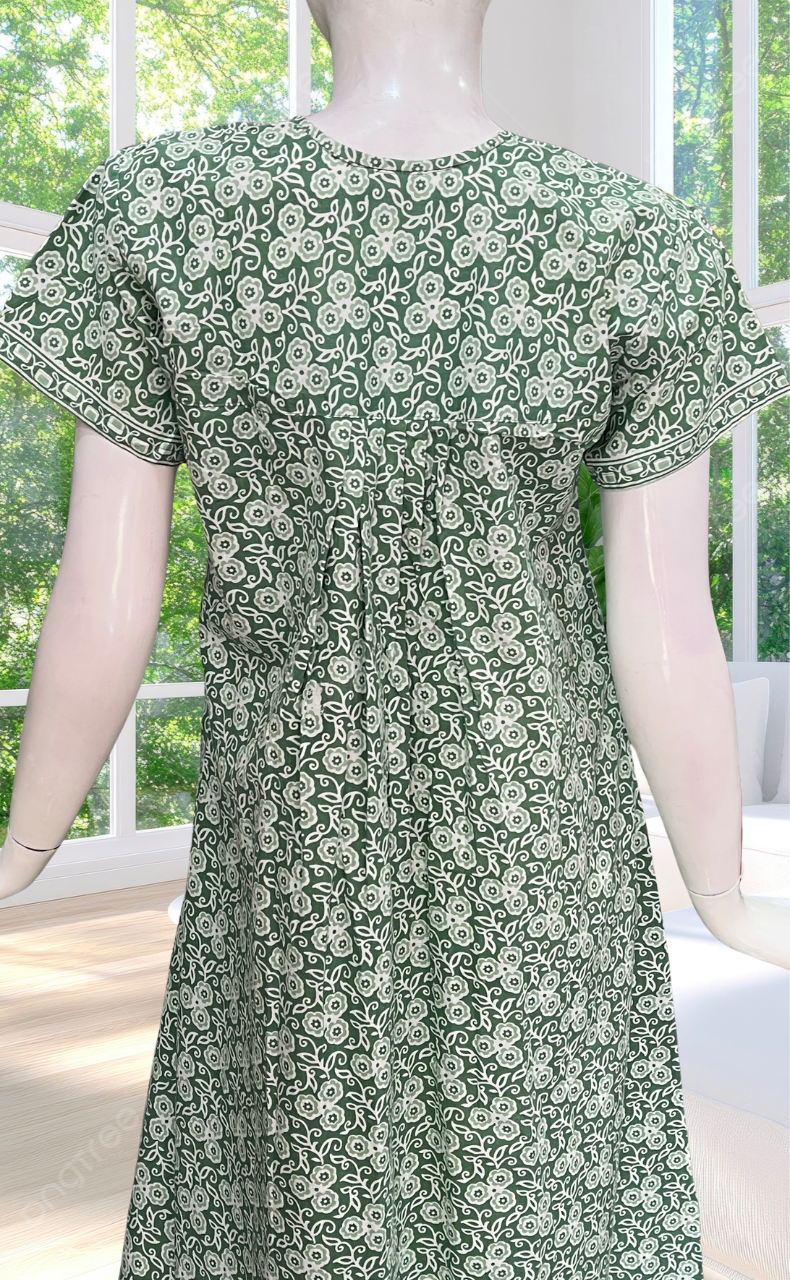 Pista Green Floral Full Open Pure Cotton Nighty. Pure Cotton | Laces and Frills
