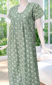 Pista Green Floral Full Open Pure Cotton Nighty. Pure Cotton | Laces and Frills