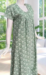 Pista Green Floral Full Open Pure Cotton Nighty. Pure Cotton | Laces and Frills