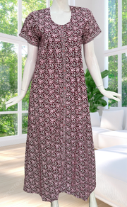 Maroon Floral Full Open Pure Cotton Nighty. Pure Cotton | Laces and Frills