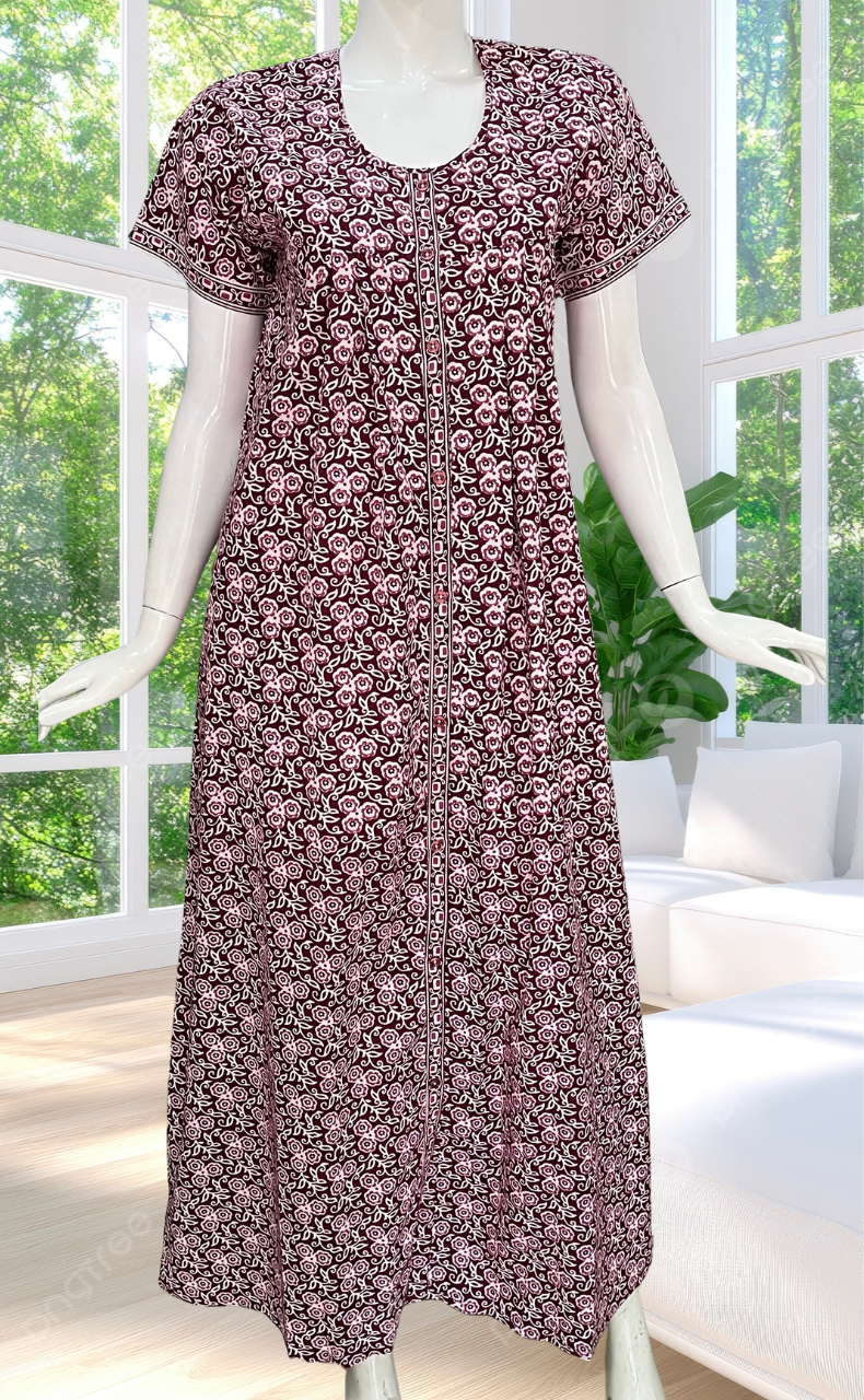 Maroon Floral Full Open Pure Cotton Nighty. Pure Cotton | Laces and Frills