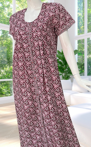 Maroon Floral Full Open Pure Cotton Nighty. Pure Cotton | Laces and Frills
