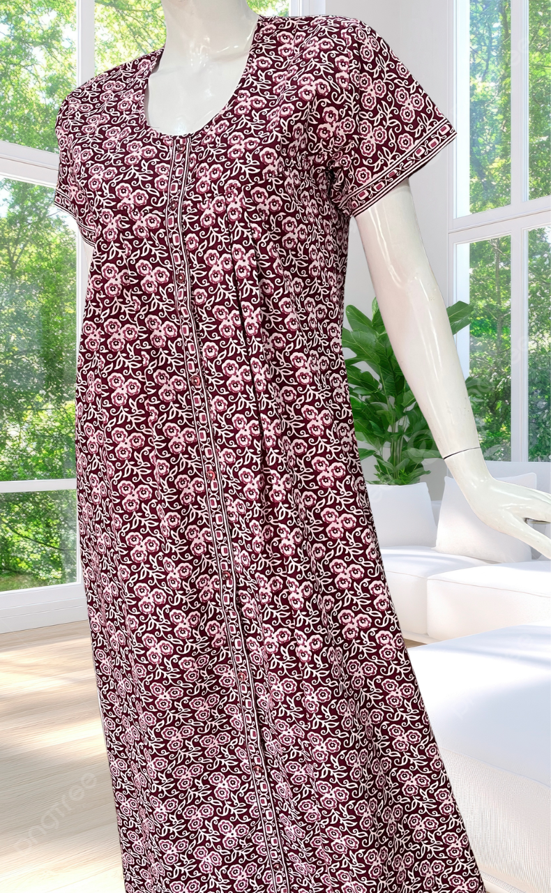 Maroon Floral Full Open Pure Cotton Nighty. Pure Cotton | Laces and Frills