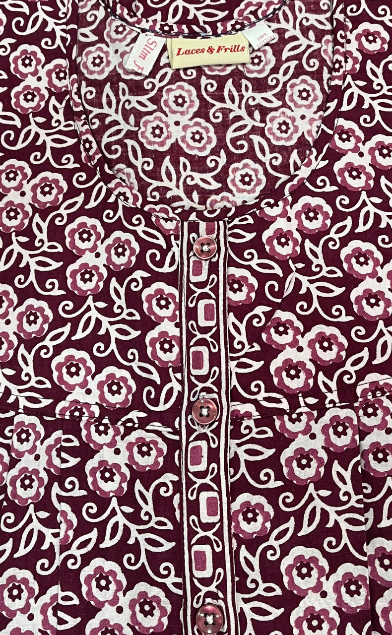 Maroon Floral Full Open Pure Cotton Nighty. Pure Cotton | Laces and Frills