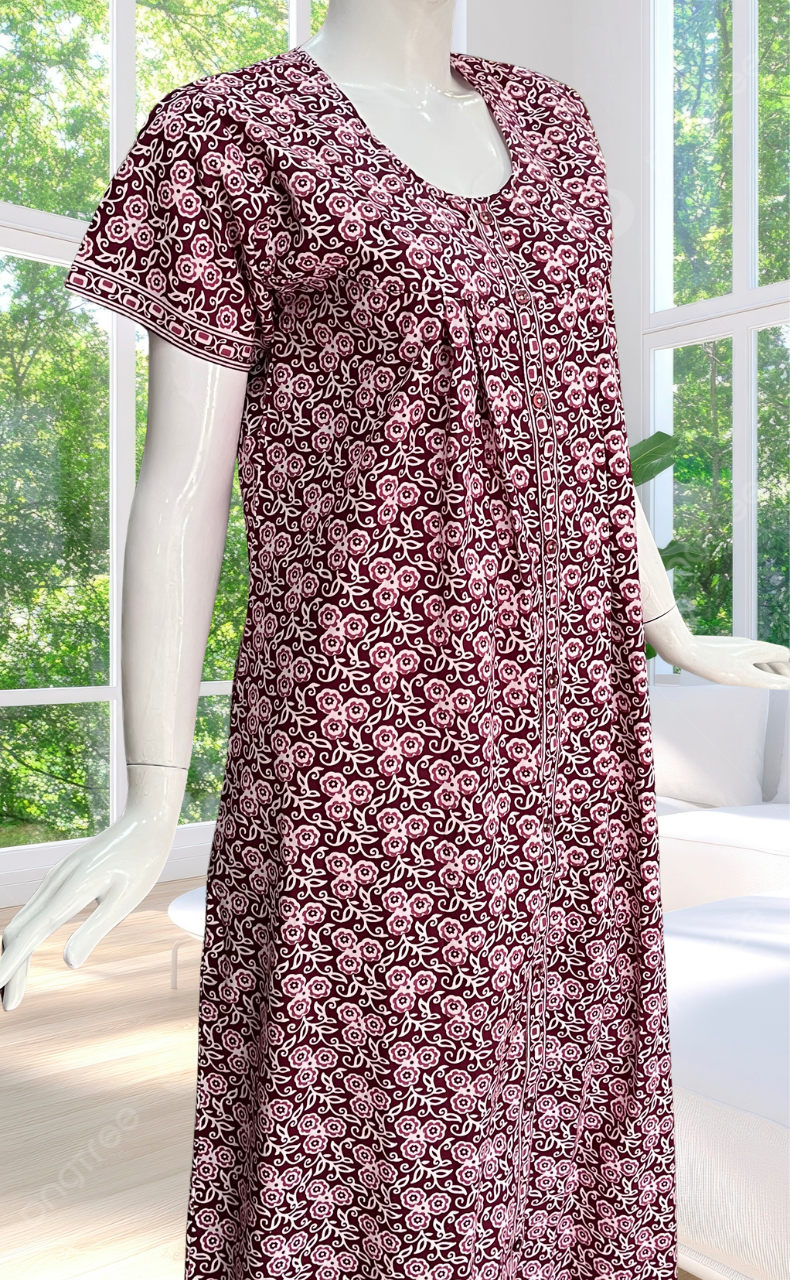 Maroon Floral Full Open Pure Cotton Nighty. Pure Cotton | Laces and Frills