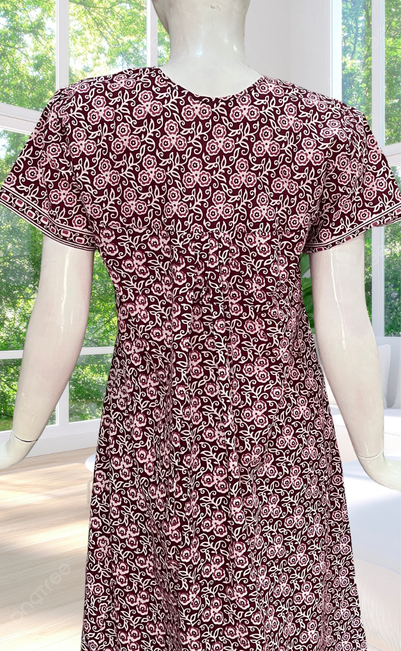 Maroon Floral Full Open Pure Cotton Nighty. Pure Cotton | Laces and Frills