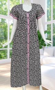 Black Floral Full Open Pure Cotton Nighty. Pure Cotton | Laces and Frills