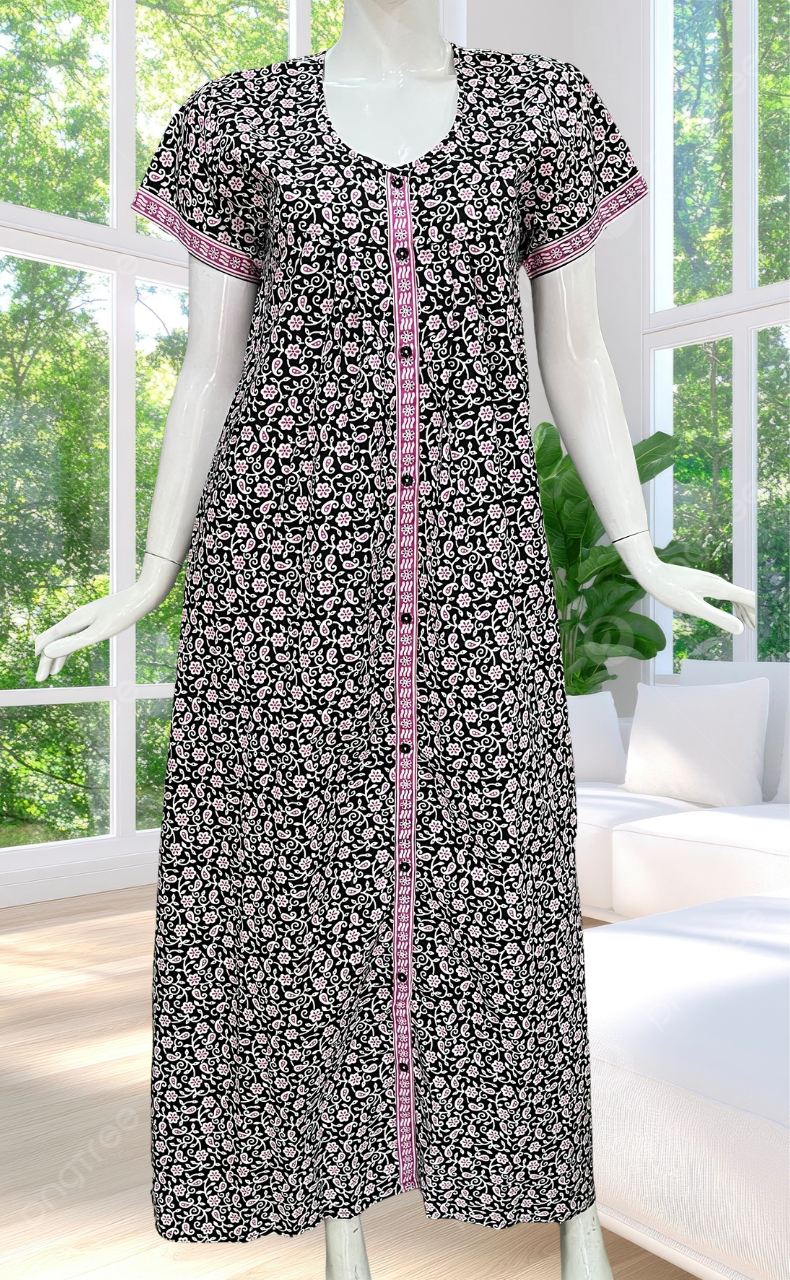 Black Floral Full Open Pure Cotton Nighty. Pure Cotton | Laces and Frills