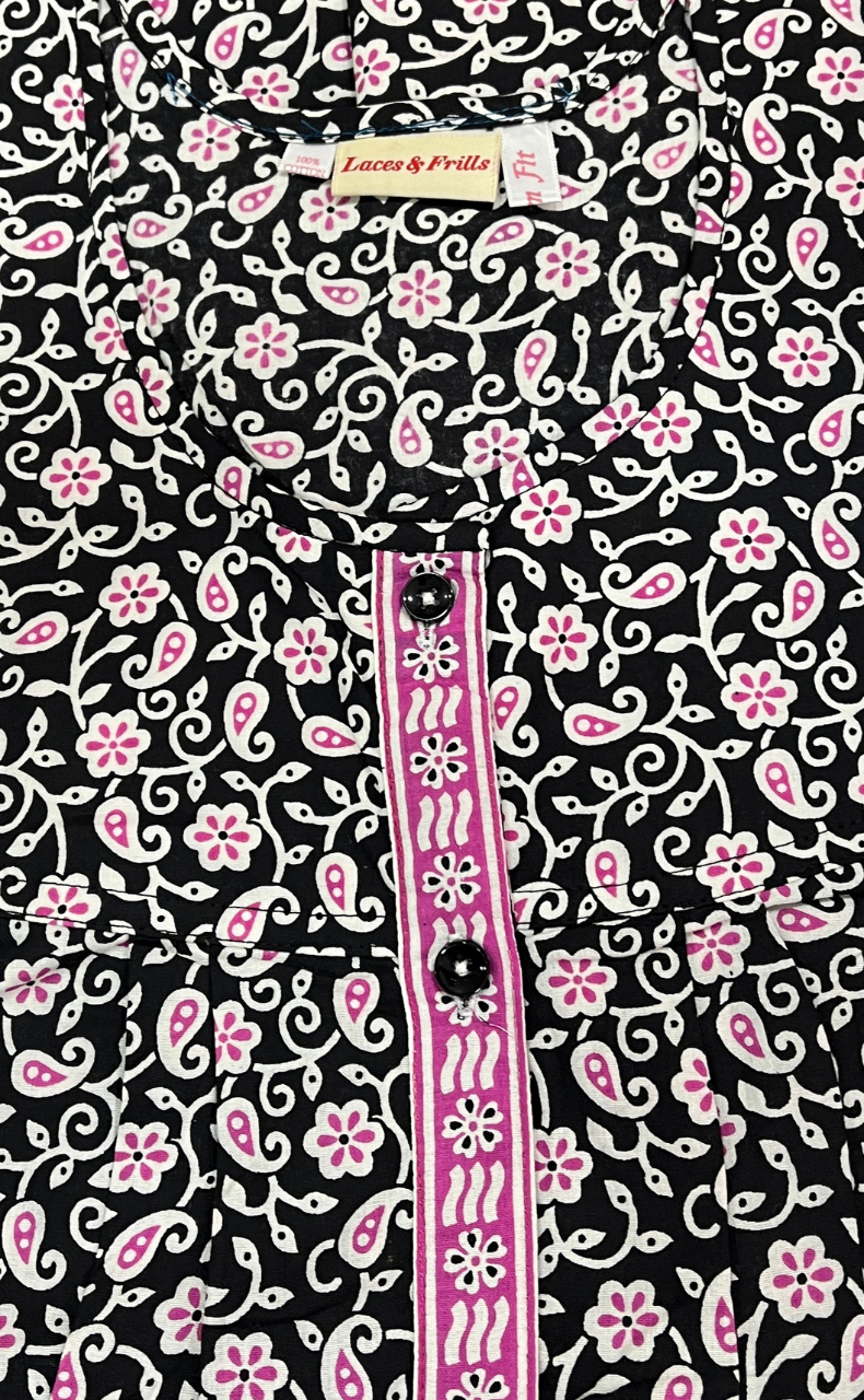 Black Floral Full Open Pure Cotton Nighty. Pure Cotton | Laces and Frills