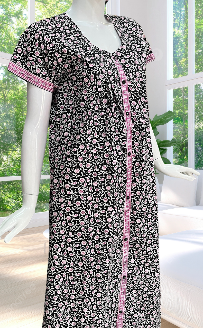 Black Floral Full Open Pure Cotton Nighty. Pure Cotton | Laces and Frills