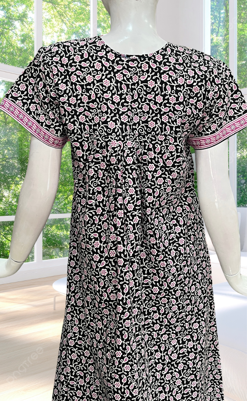 Black Floral Full Open Pure Cotton Nighty. Pure Cotton | Laces and Frills