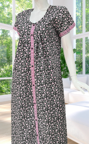 Black Floral Full Open Pure Cotton Nighty. Pure Cotton | Laces and Frills