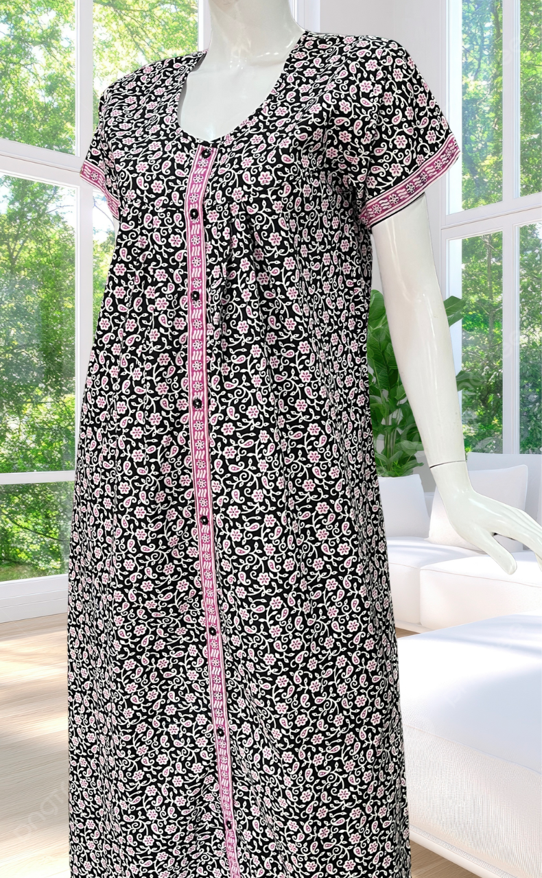 Black Floral Full Open Pure Cotton Nighty. Pure Cotton | Laces and Frills