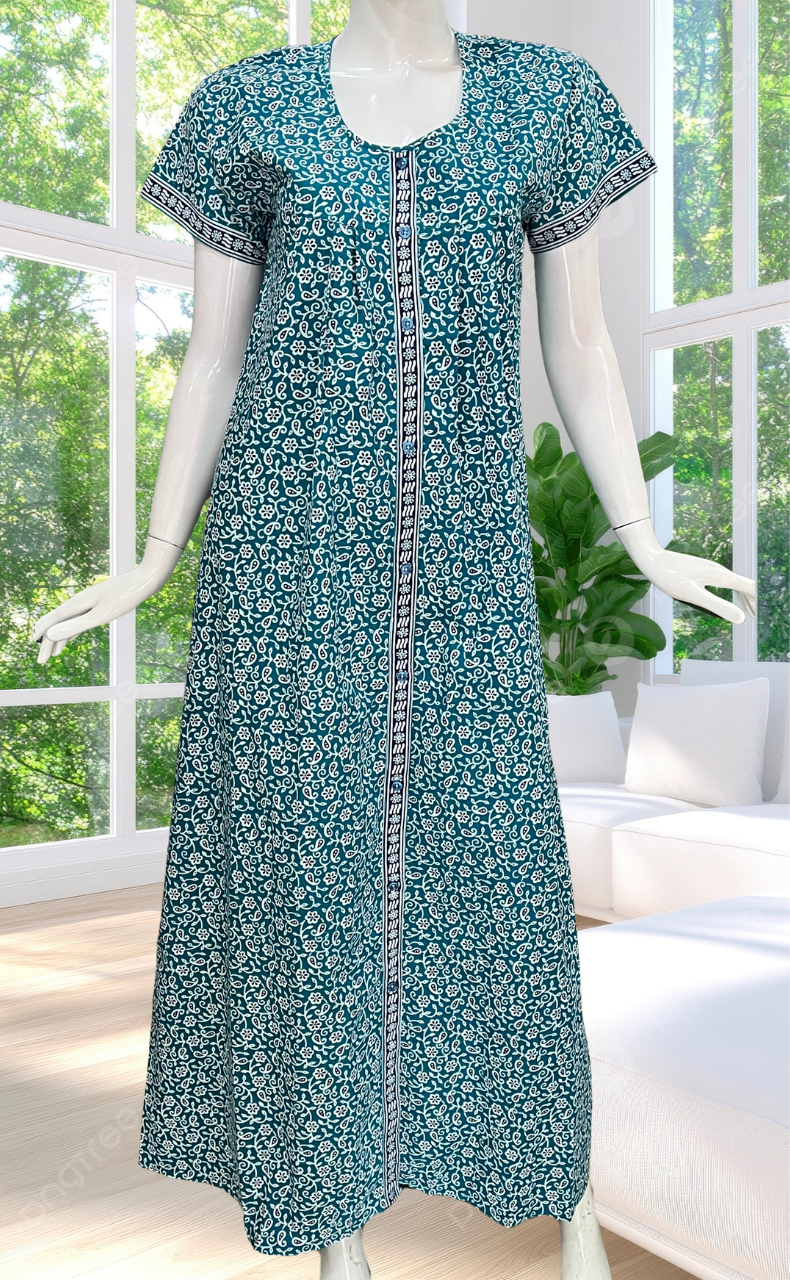 Sky Blue Floral Full Open Pure Cotton Nighty. Pure Cotton | Laces and Frills