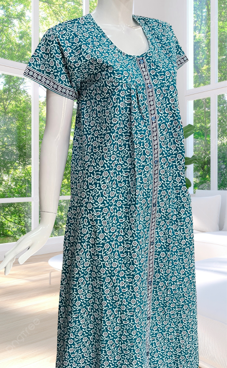 Sky Blue Floral Full Open Pure Cotton Nighty. Pure Cotton | Laces and Frills