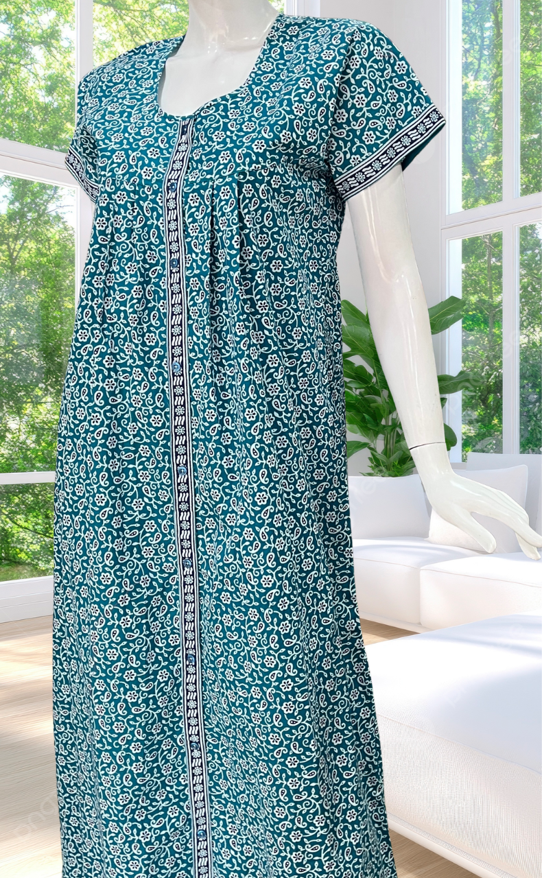 Sky Blue Floral Full Open Pure Cotton Nighty. Pure Cotton | Laces and Frills