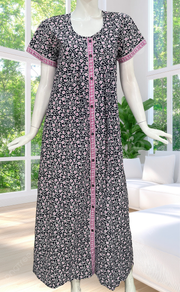 Navy Blue Floral Full Open Pure Cotton Nighty. Pure Cotton | Laces and Frills