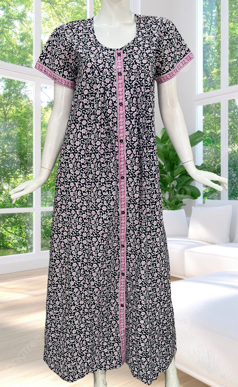 Navy Blue Floral Full Open Pure Cotton Nighty. Pure Cotton | Laces and Frills