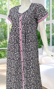 Navy Blue Floral Full Open Pure Cotton Nighty. Pure Cotton | Laces and Frills