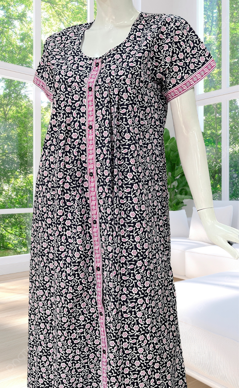Navy Blue Floral Full Open Pure Cotton Nighty. Pure Cotton | Laces and Frills