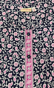 Navy Blue Floral Full Open Pure Cotton Nighty. Pure Cotton | Laces and Frills