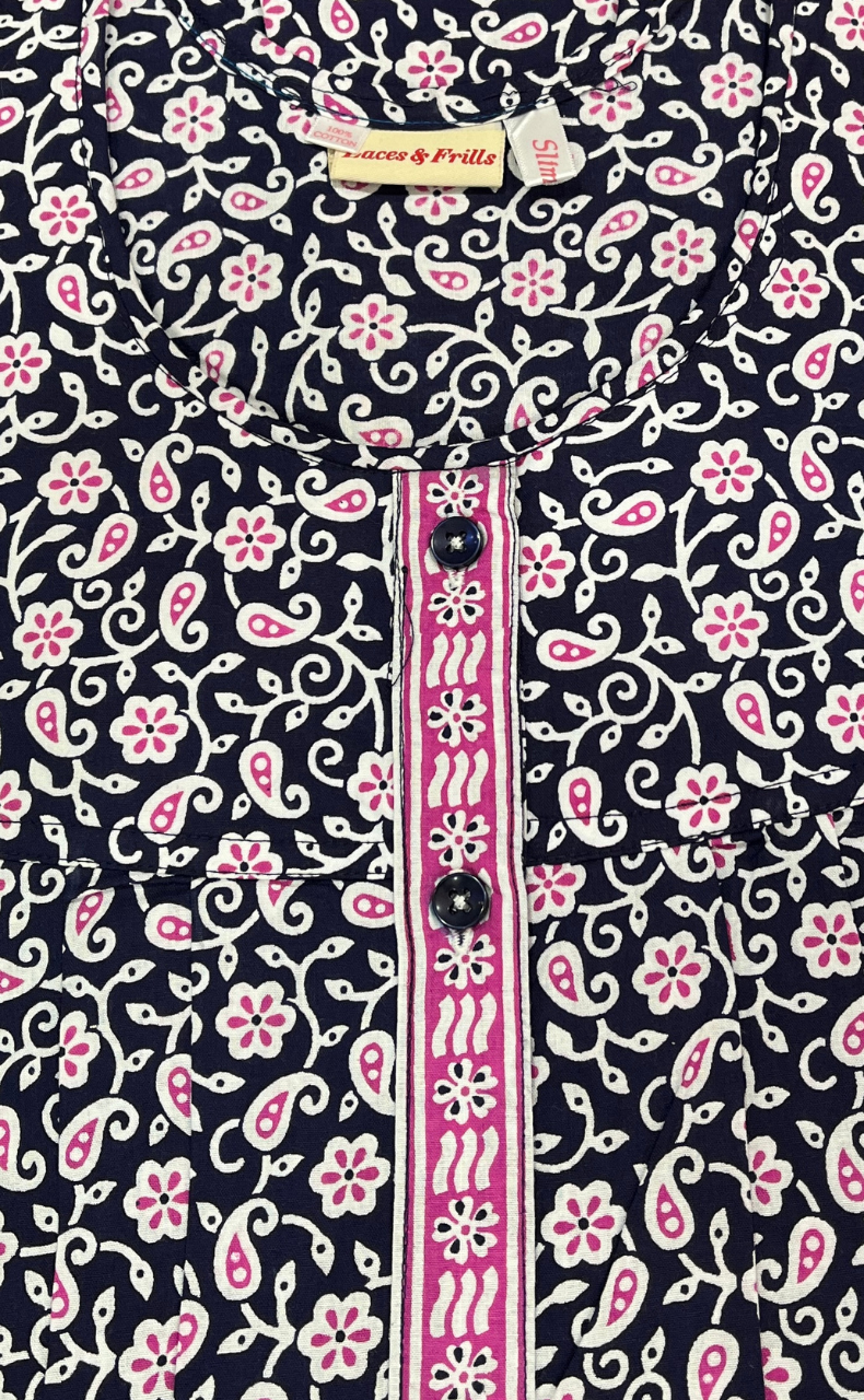 Navy Blue Floral Full Open Pure Cotton Nighty. Pure Cotton | Laces and Frills
