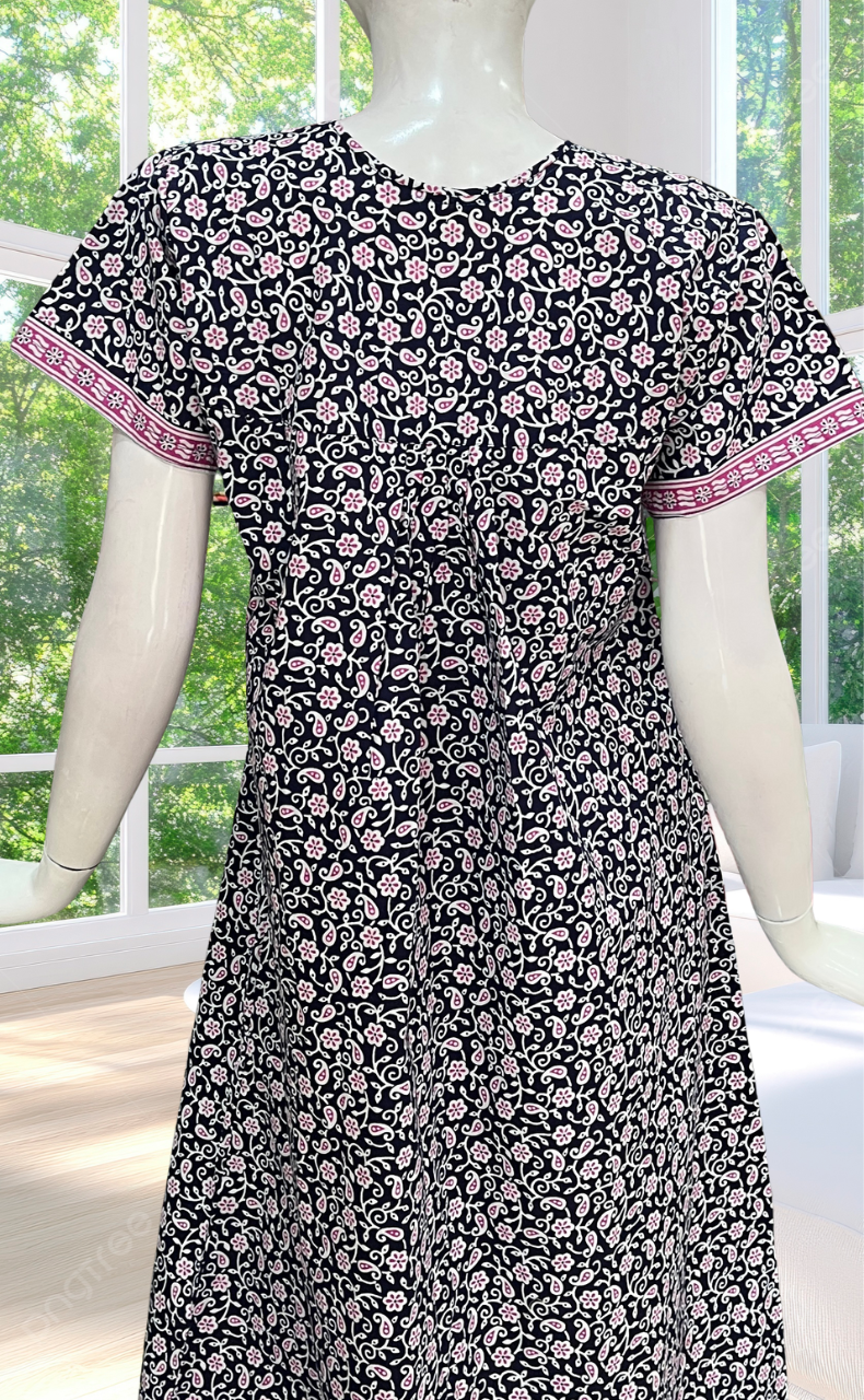 Navy Blue Floral Full Open Pure Cotton Nighty. Pure Cotton | Laces and Frills