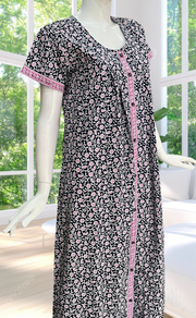 Navy Blue Floral Full Open Pure Cotton Nighty. Pure Cotton | Laces and Frills