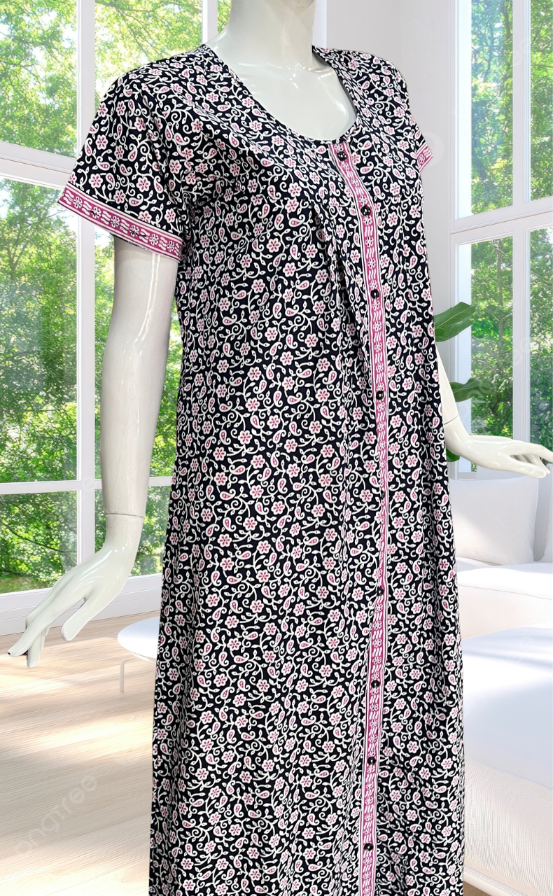 Navy Blue Floral Full Open Pure Cotton Nighty. Pure Cotton | Laces and Frills