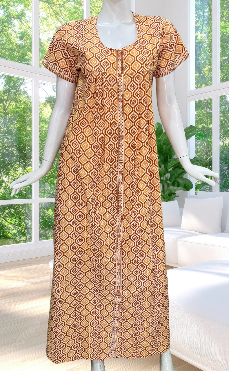 Dark Yellow Abstract Full Open Pure Cotton Nighty. Pure Cotton | Laces and Frills