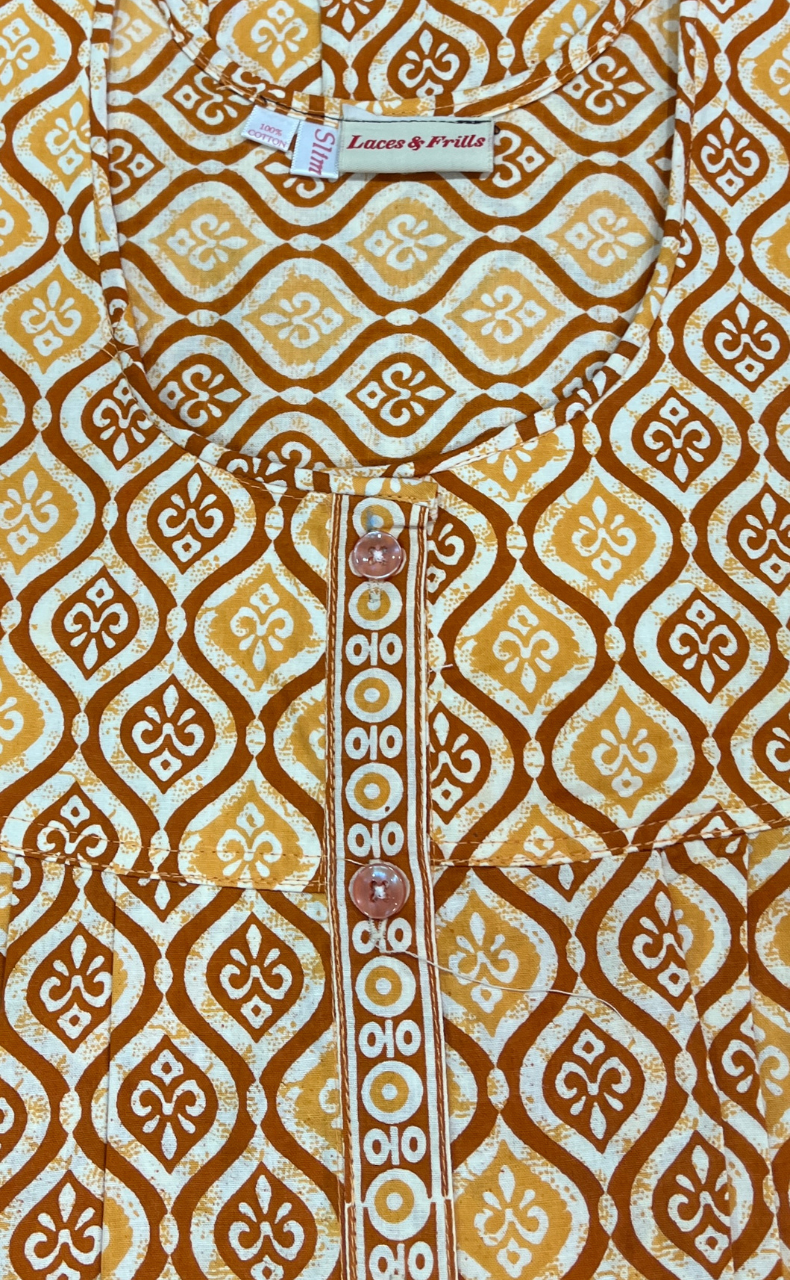 Dark Yellow Abstract Full Open Pure Cotton Nighty. Pure Cotton | Laces and Frills
