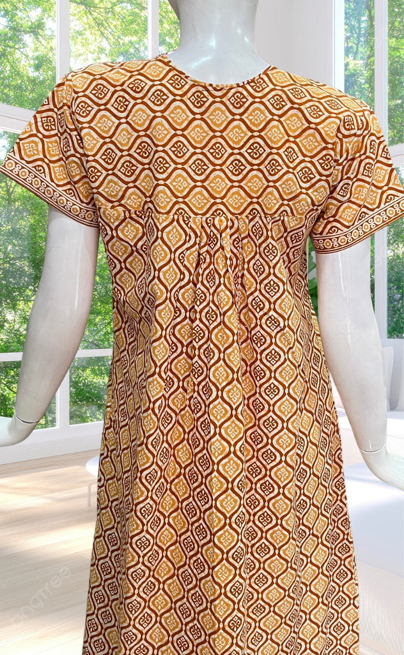 Dark Yellow Abstract Full Open Pure Cotton Nighty. Pure Cotton | Laces and Frills