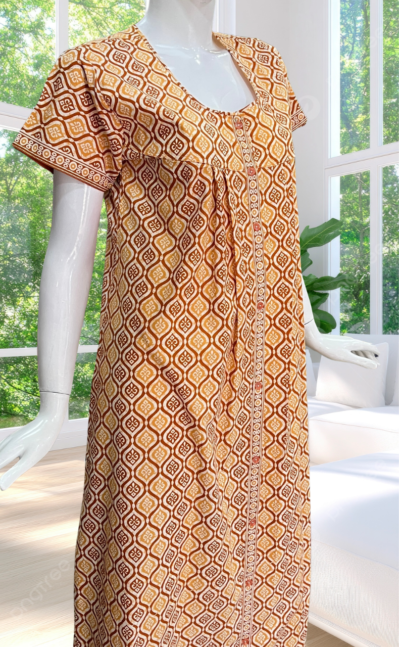 Dark Yellow Abstract Full Open Pure Cotton Nighty. Pure Cotton | Laces and Frills