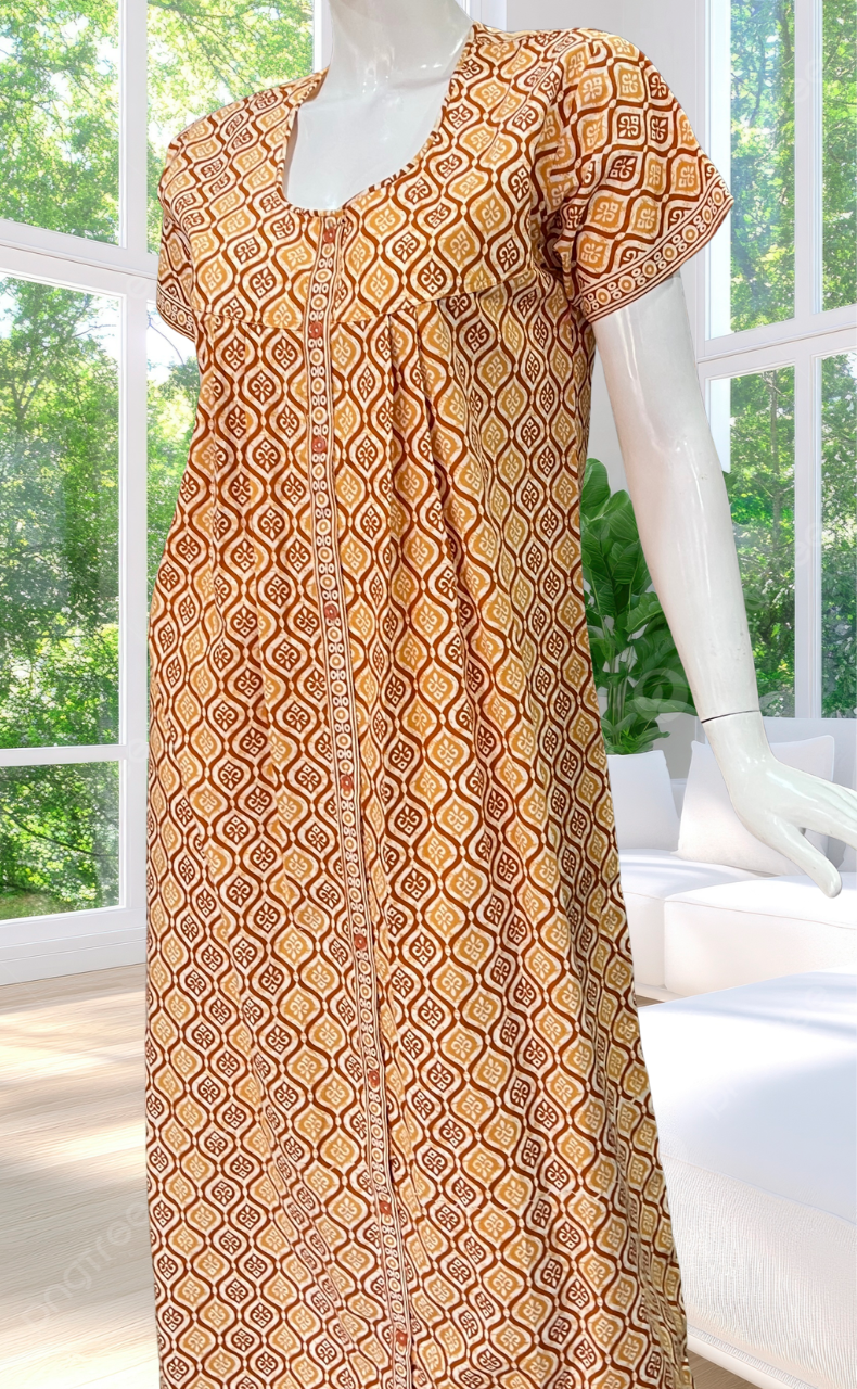 Dark Yellow Abstract Full Open Pure Cotton Nighty. Pure Cotton | Laces and Frills