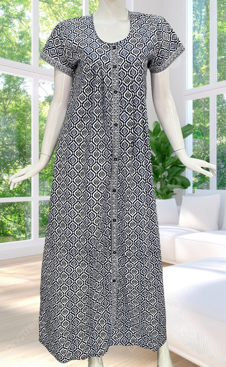 Navy Blue Abstract Full Open Pure Cotton Nighty. Pure Cotton | Laces and Frills