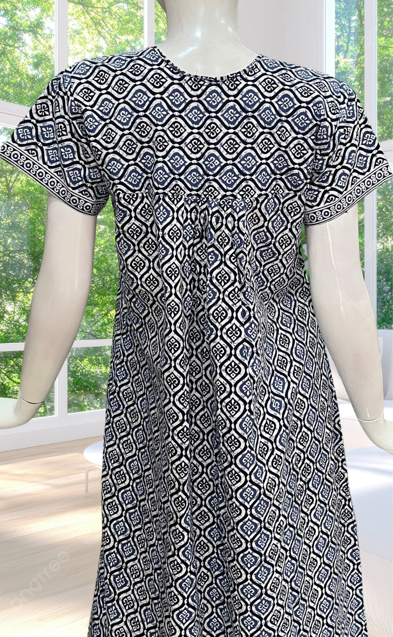 Navy Blue Abstract Full Open Pure Cotton Nighty. Pure Cotton | Laces and Frills