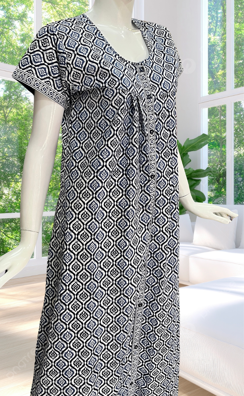 Navy Blue Abstract Full Open Pure Cotton Nighty. Pure Cotton | Laces and Frills