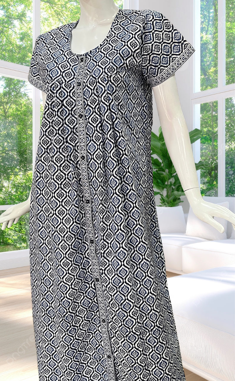 Navy Blue Abstract Full Open Pure Cotton Nighty. Pure Cotton | Laces and Frills